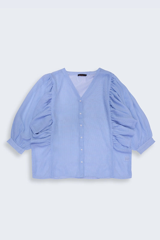 Yarn Dyed Puff Sleeves Blouse Women Top Summer V-3 2024 BACKDROP COUGAR- (Women V3 2024) XS Sky Blue 