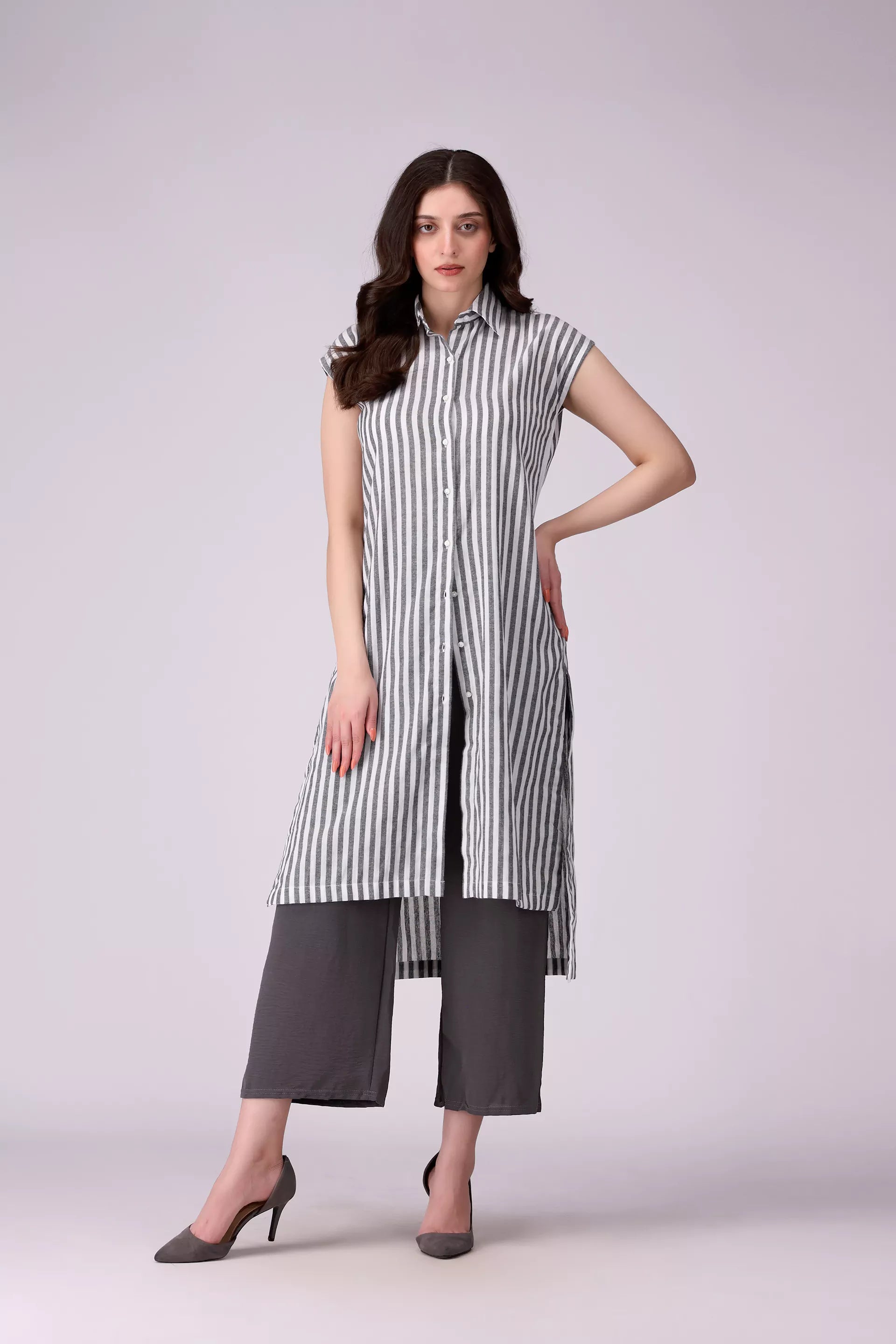 Button Through Striped Tunic Women Long Top COUGAR (S V-1 2025) XS Grey Women