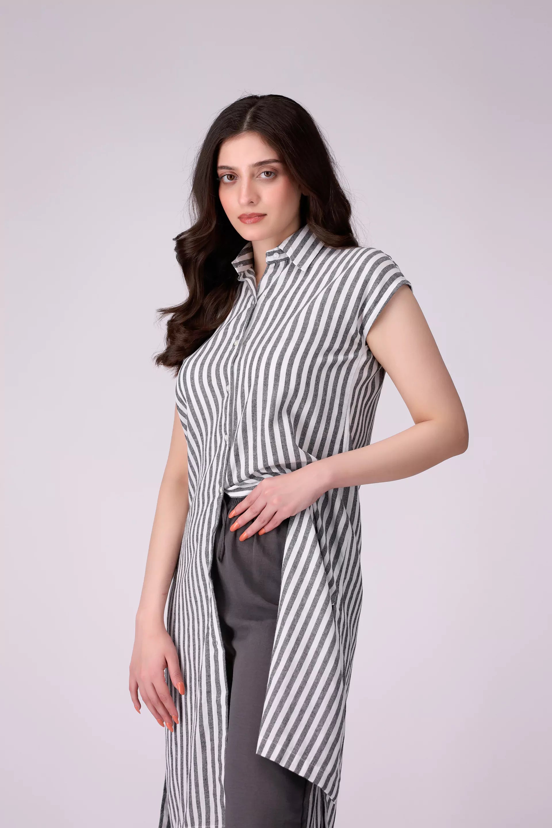 Button Through Striped Tunic Women Long Top COUGAR (S V-1 2025)