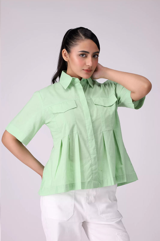 Pleated Shirt With False Pockets Women Fashion Top COUGAR (S V-1 2025) XS Light Green Women