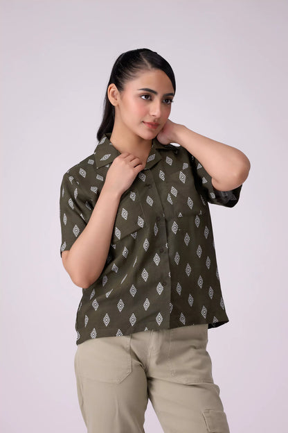 Printed Shirt With Patch Pockets Women Fashion Top COUGAR (S V-1 2025) XS Olive Women