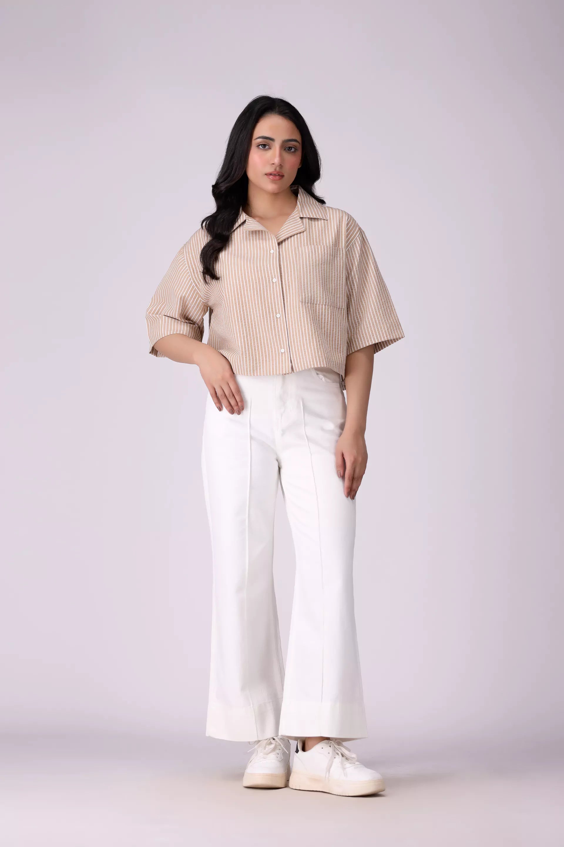 Resort Collar Cropped Shirt Women Fashion Top COUGAR (S V-1 2025)