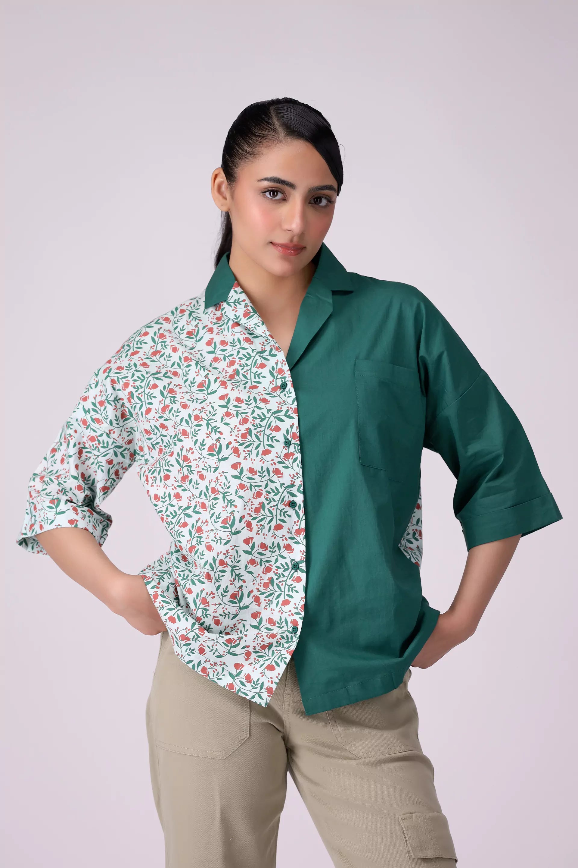 Printed Color Block Shirt Women Fashion Top COUGAR (S V-1 2025) XS Green Women