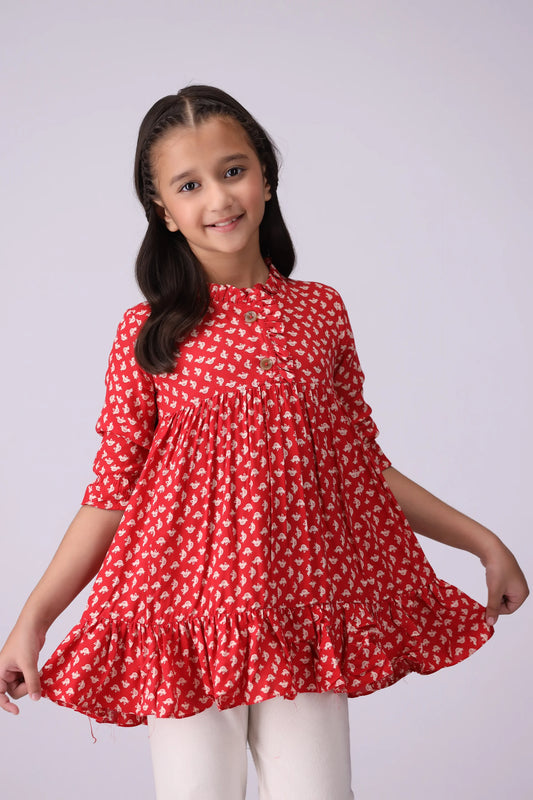 Printed Ruffle Top Girl Top Fall 2024 COUGAR- (Girl Junior Fall 2024) 5-6 Y Red 