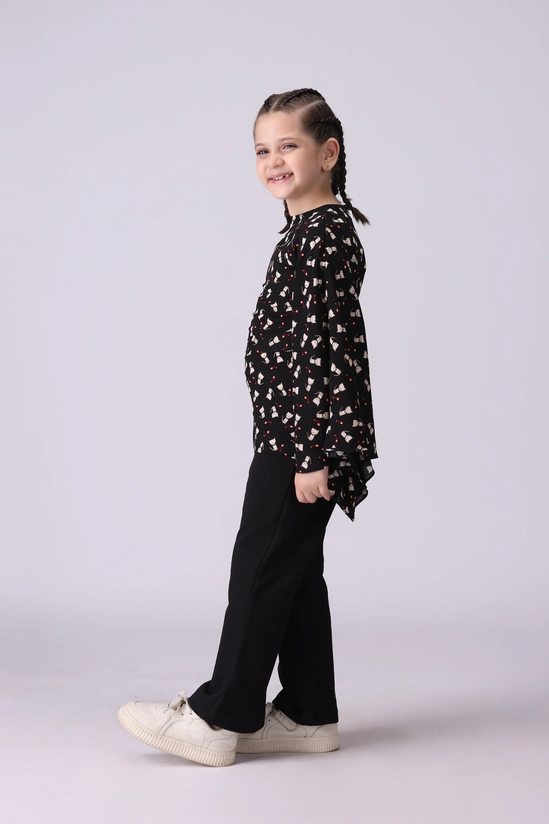 Asymmetrical Sleeves Printed Top Girl Top Fall 2024 COUGAR- (Girl Junior Fall 2024)   