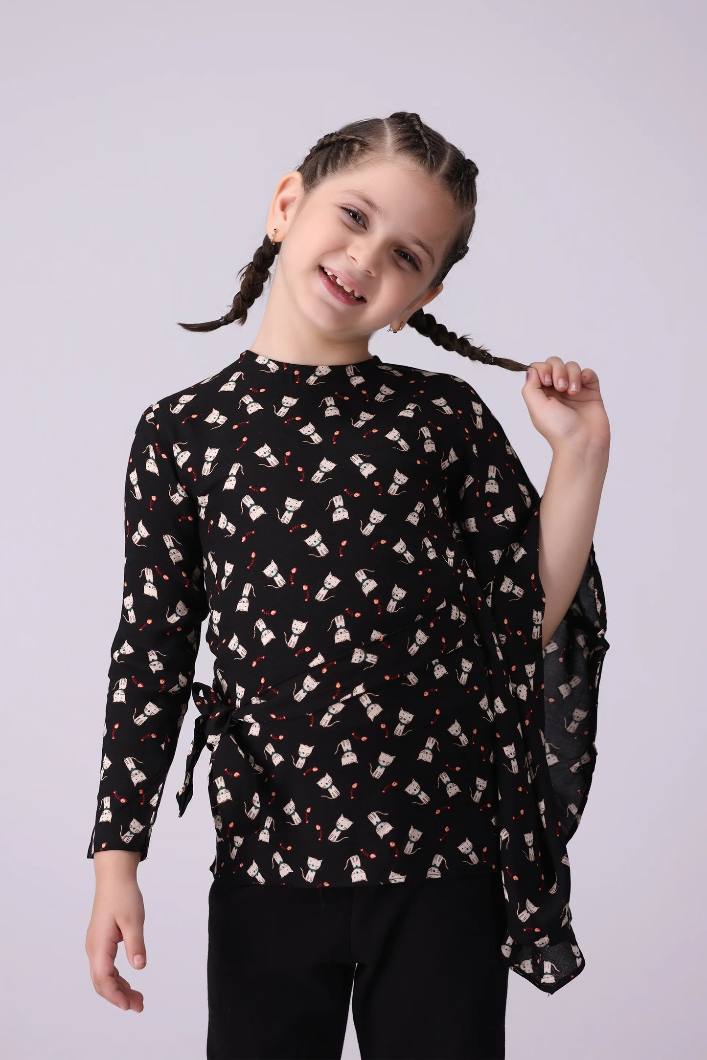 Asymmetrical Sleeves Printed Top Girl Top Fall 2024 COUGAR- (Girl Junior Fall 2024) 5-6 Y Black 