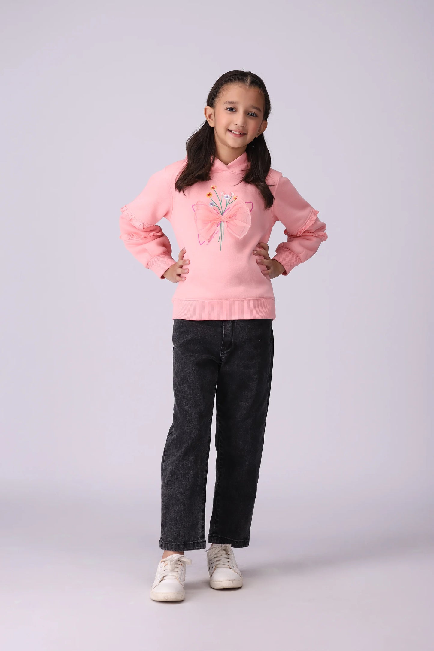 Embroidered Hoodie With Bow Girl Hood Winter 2024 COUGAR- (Girl Junior Winter 2024)   