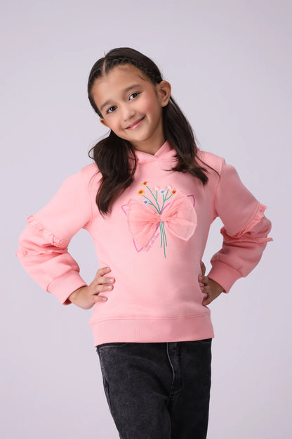 Embroidered Hoodie With Bow Girl Hood Winter 2024 COUGAR- (Girl Junior Winter 2024) 5-6 Y Pink 