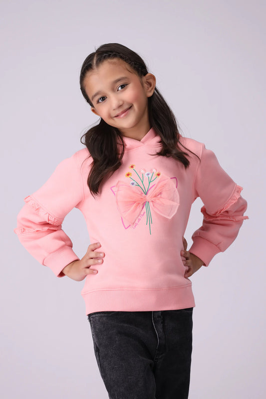 Embroidered Hoodie With Bow Girl Hood Winter 2024 COUGAR- (Girl Junior Winter 2024) 5-6 Y Pink 