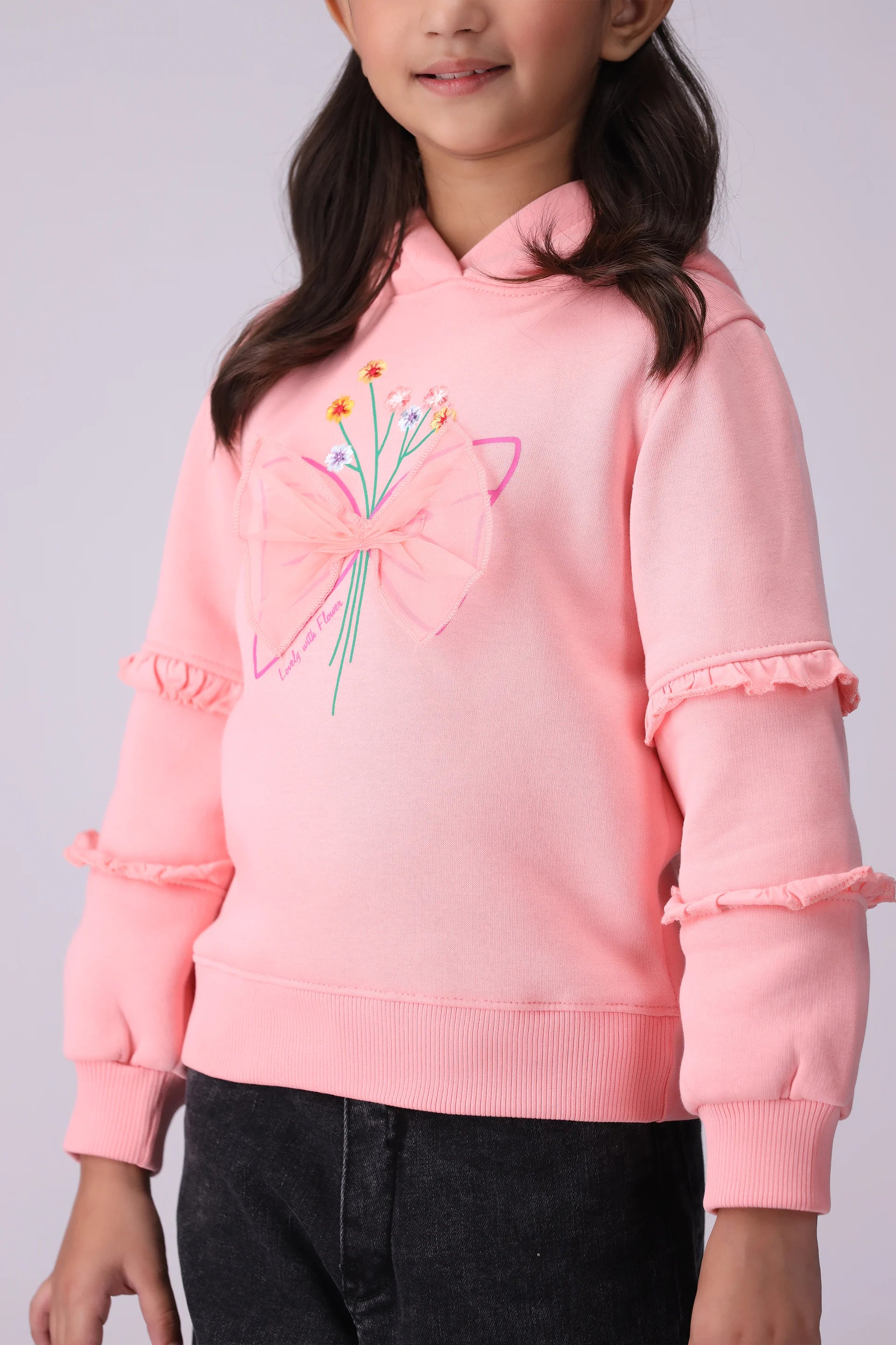 Embroidered Hoodie With Bow Girl Hood Winter 2024 COUGAR- (Girl Junior Winter 2024)   