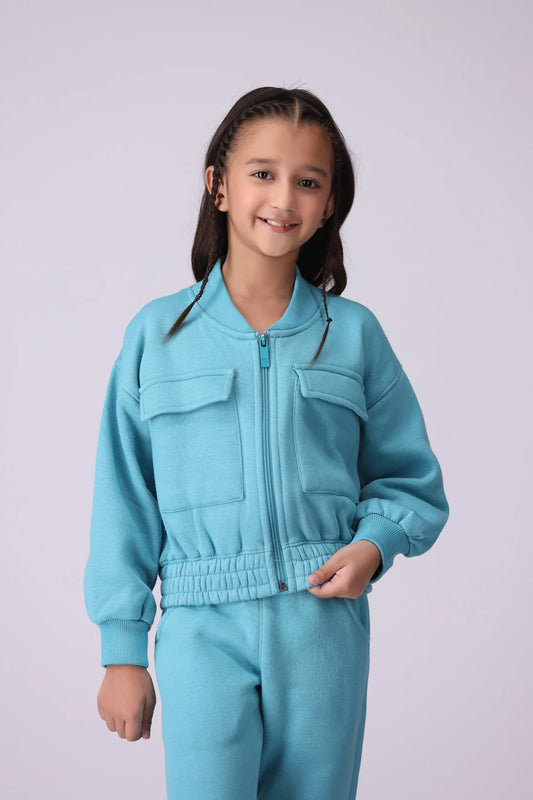 Flap Pockets Fleece Jacket Girl Jacket Winter 2024 COUGAR- (Girl Junior Winter 2024) 5-6 Y Teal 