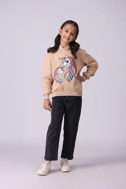 Printed Fleece Hoodie Girl Hood Winter 2024 COUGAR- (Girl Junior Winter 2024)   