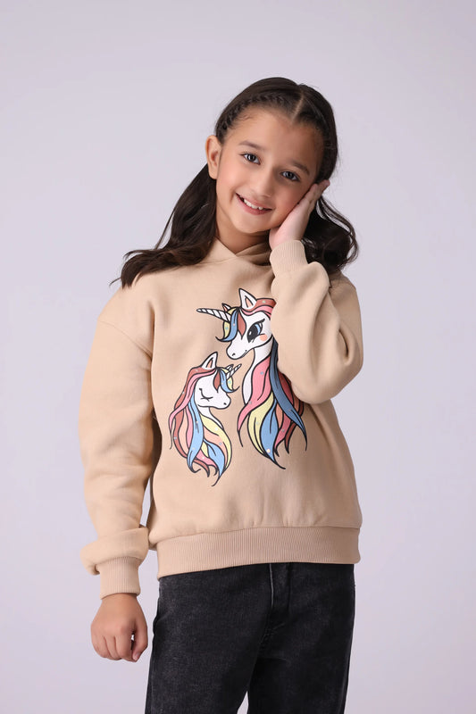 Printed Fleece Hoodie Girl Hood Winter 2024 COUGAR- (Girl Junior Winter 2024) 5-6 Y Beige 