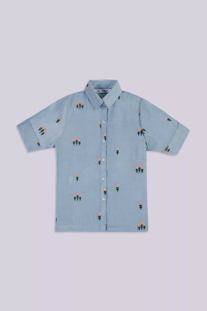 All-Over Embroidered Button-Down Girl Embroided Top COUGAR (S V-1 2025) 5-6 Y Sky Blue Girl