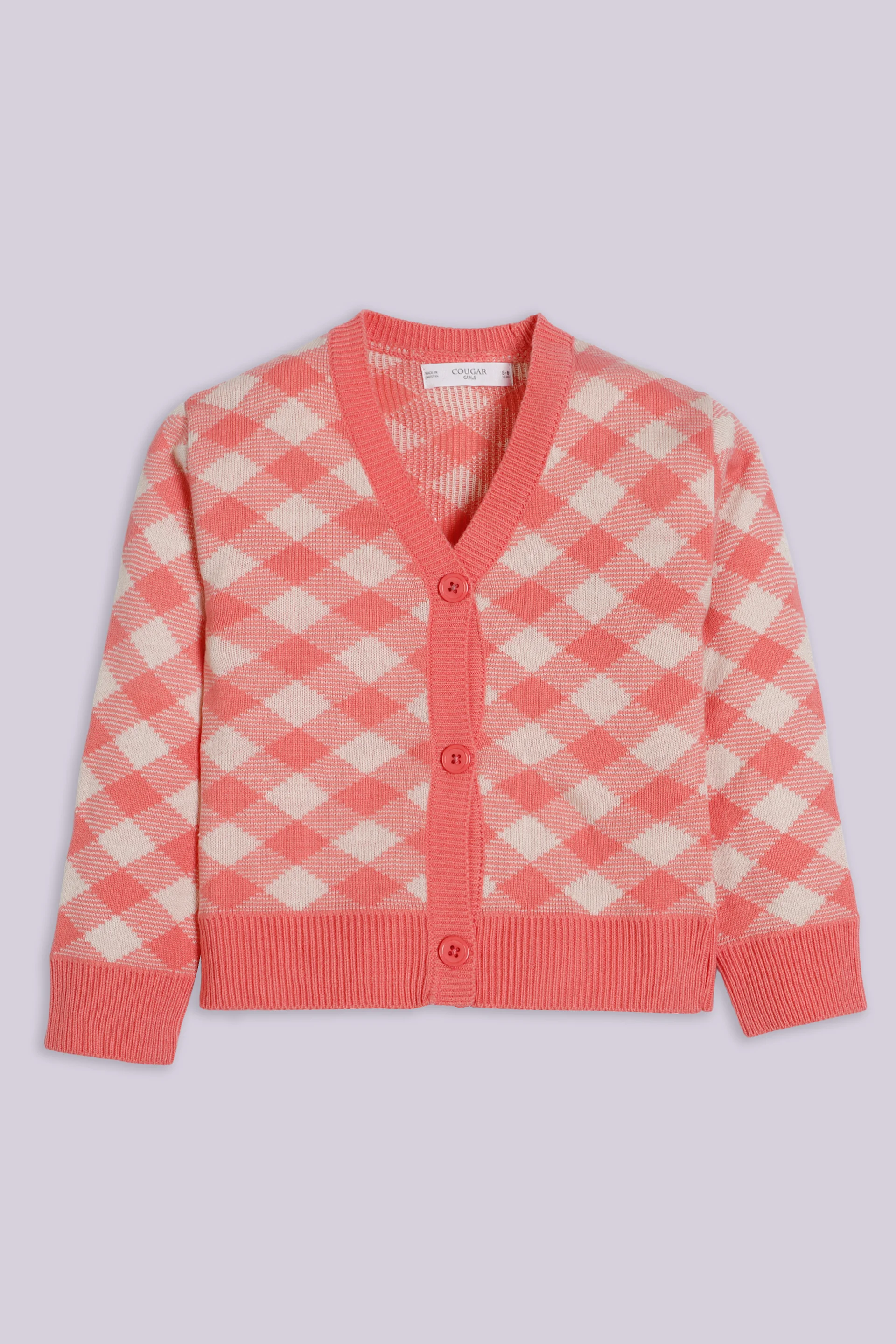 Geometric Pattern Knit Cardigan Girl Sweater Winter 2024 COUGAR- (Girl Junior Winter 2024) 5-6 Y Pink 