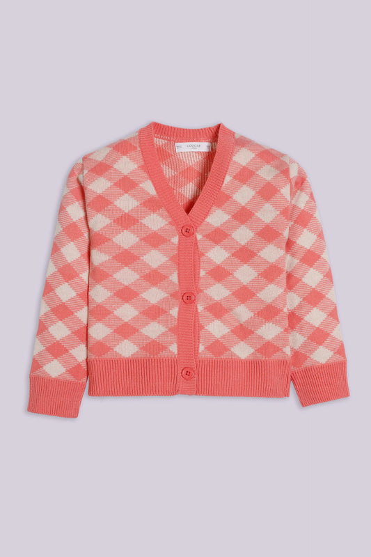 Geometric Pattern Knit Cardigan Girl Sweater Winter 2024 COUGAR- (Girl Junior Winter 2024) 5-6 Y Pink Girl