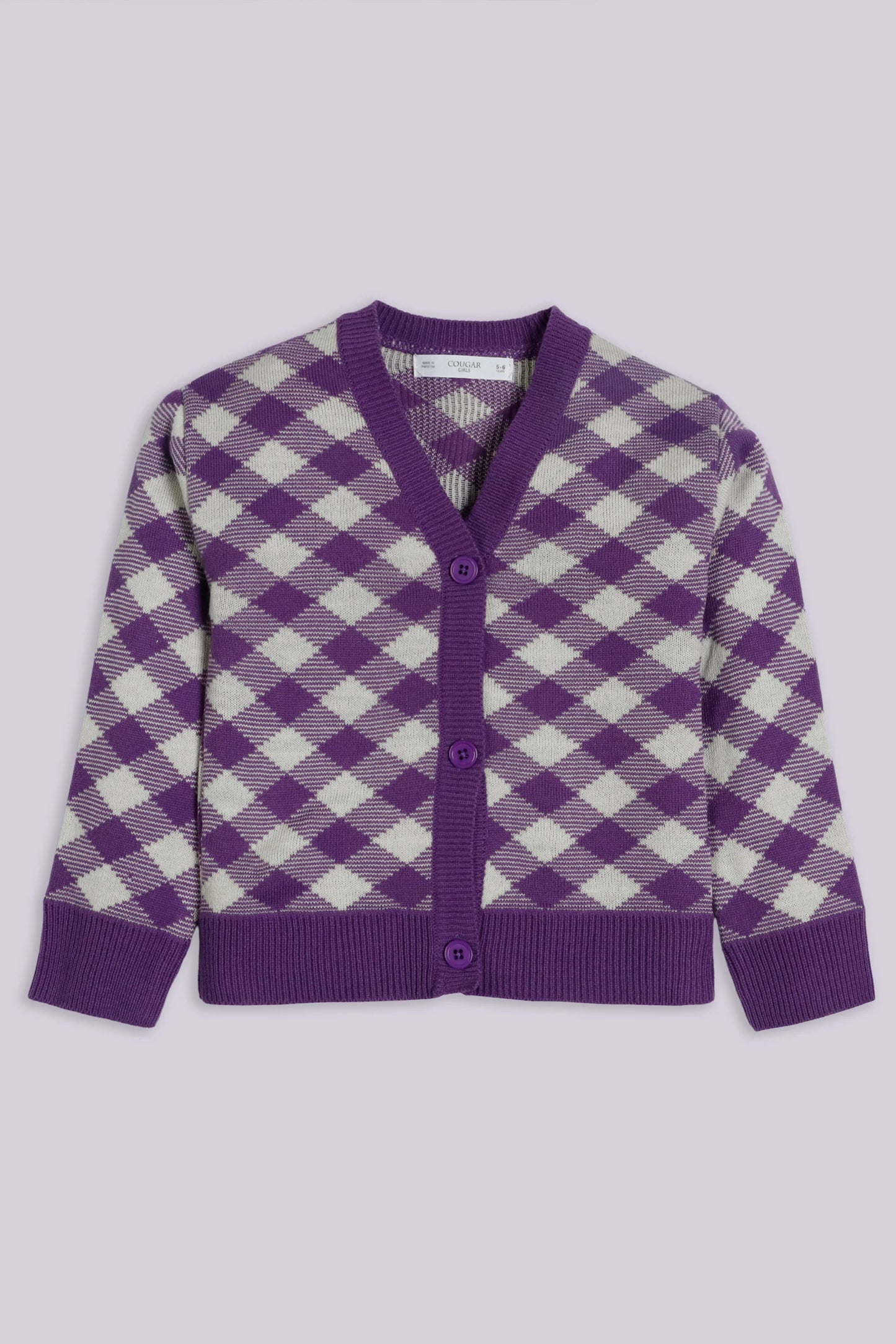 Geometric Pattern Knit Cardigan Girl Sweater Winter 2024 COUGAR- (Girl Junior Winter 2024) 5-6 Y Purple 