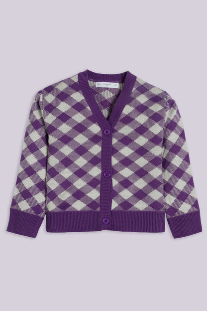 Geometric Pattern Knit Cardigan Girl Sweater Winter 2024 COUGAR- (Girl Junior Winter 2024) 5-6 Y Purple 