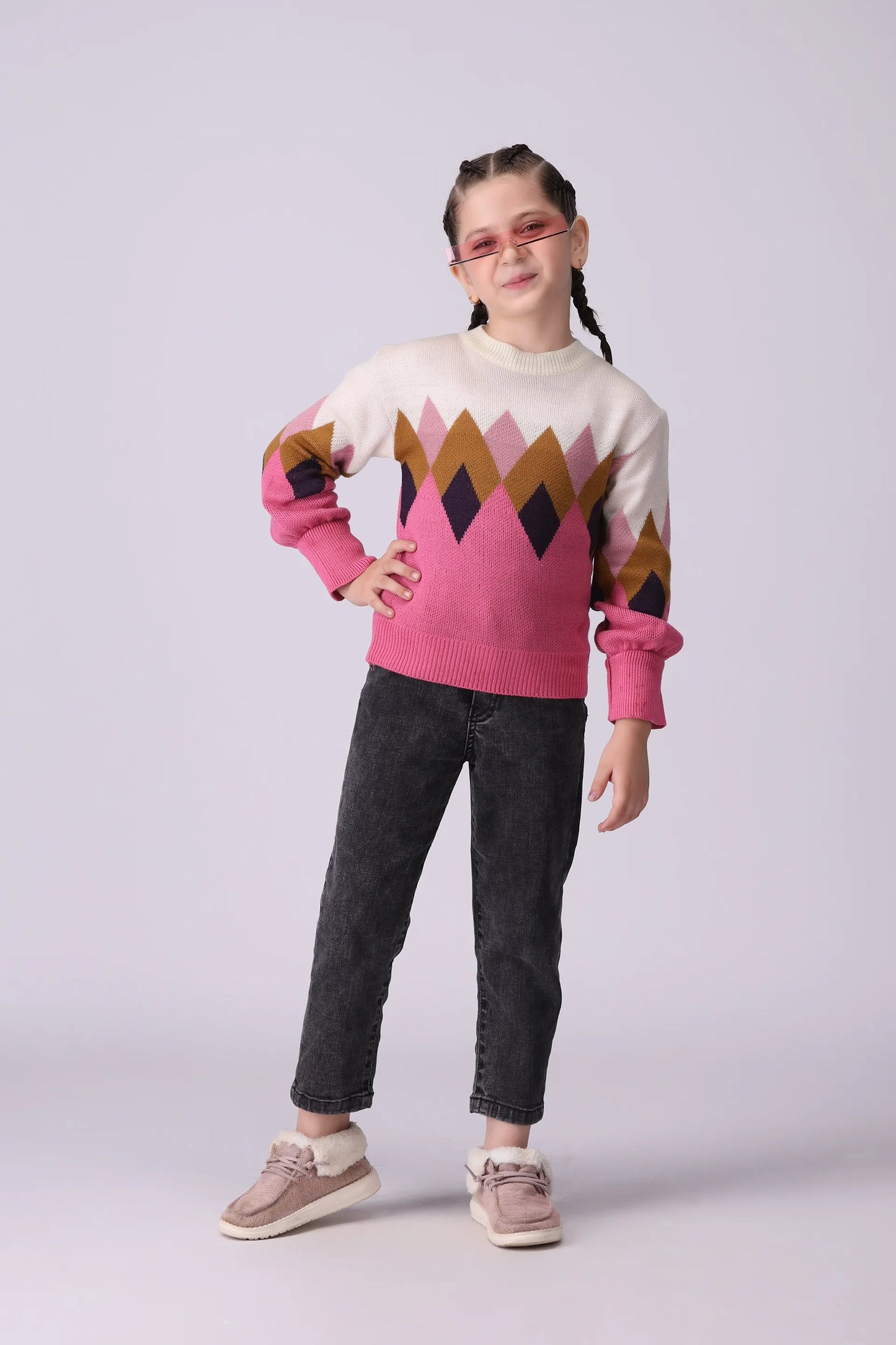 Argyle Pattern Sweater Girl Sweater Winter 2024 COUGAR- (Girl Junior Winter 2024)   