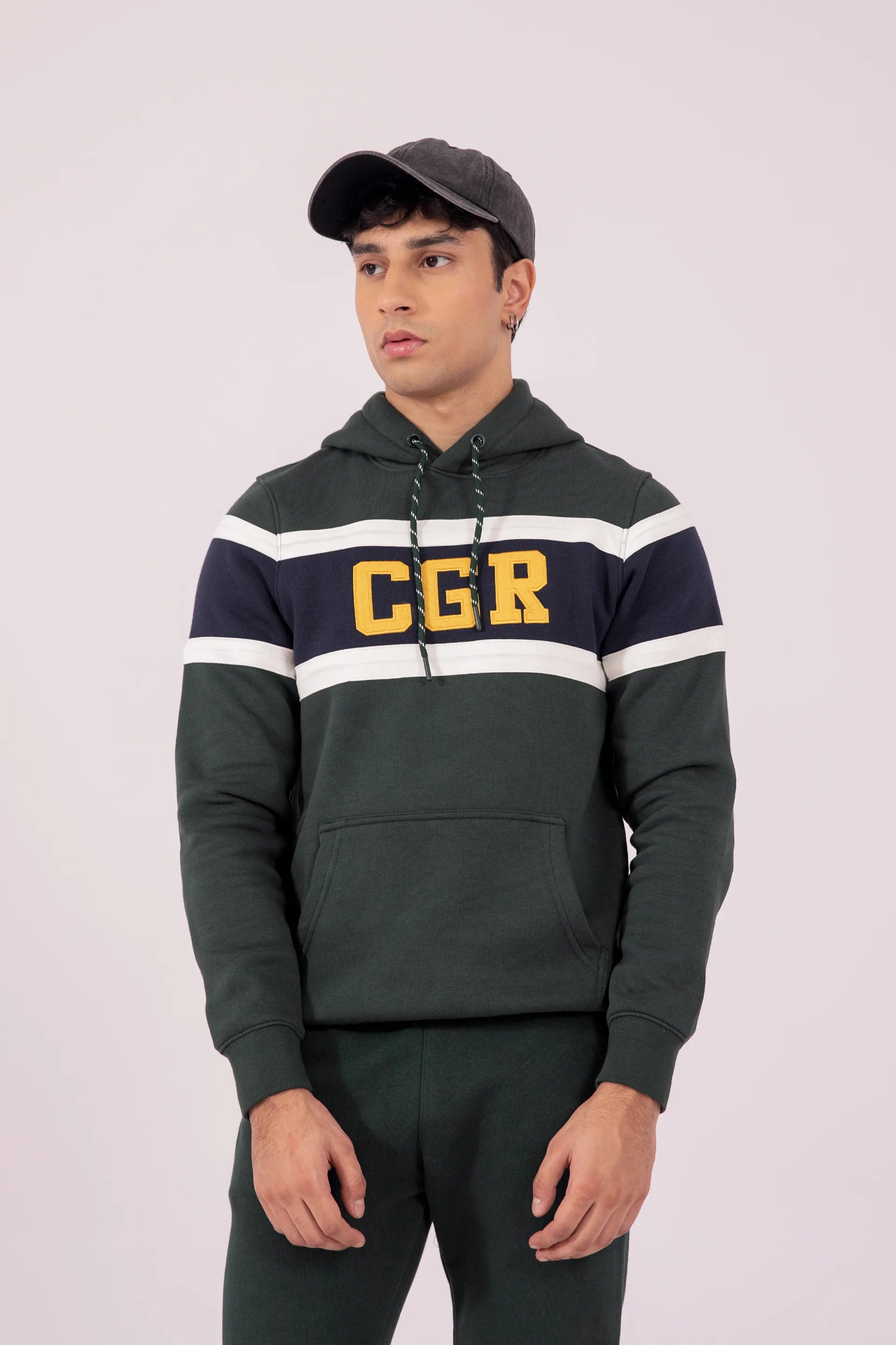 Embroidered Contrast Paneled Hoodie Men Hood Winter 2024 Knit Story COUGAR- (Men Winter 2024) S Green 