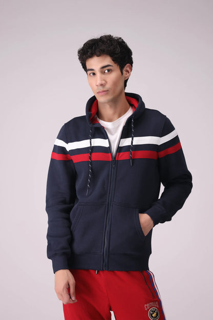 Chest Striped Zipper Hoodie Men Hood Winter 2024 Knit Story COUGAR- (Men Winter 2024) S Navy Men