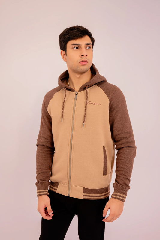 Contrast Raglan Sleeves Zipper Hoodie Men Hood Winter 2024 Knit Story COUGAR- (Men Winter 2024)   