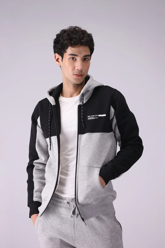 Contrast Paneled Zipper Hoodie Men Hood Winter 2024 Knit Story COUGAR- (Men Winter 2024) S Black 