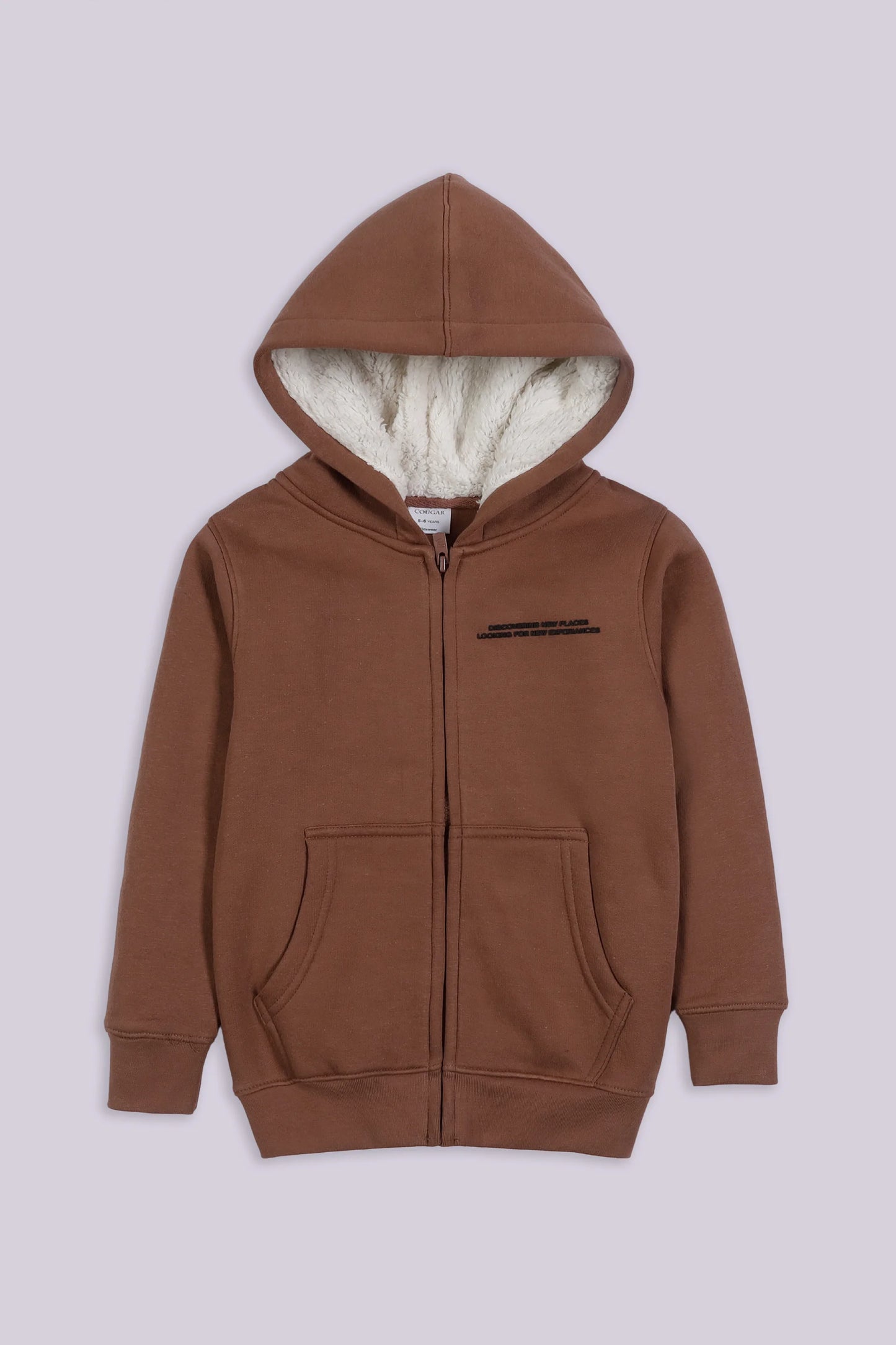 Zipper Hoodie With Sherpa Lined Hood Boy Hood Winter 2024 COUGAR- (Boy Junior Winter 2024) 5-6 Y Brown 