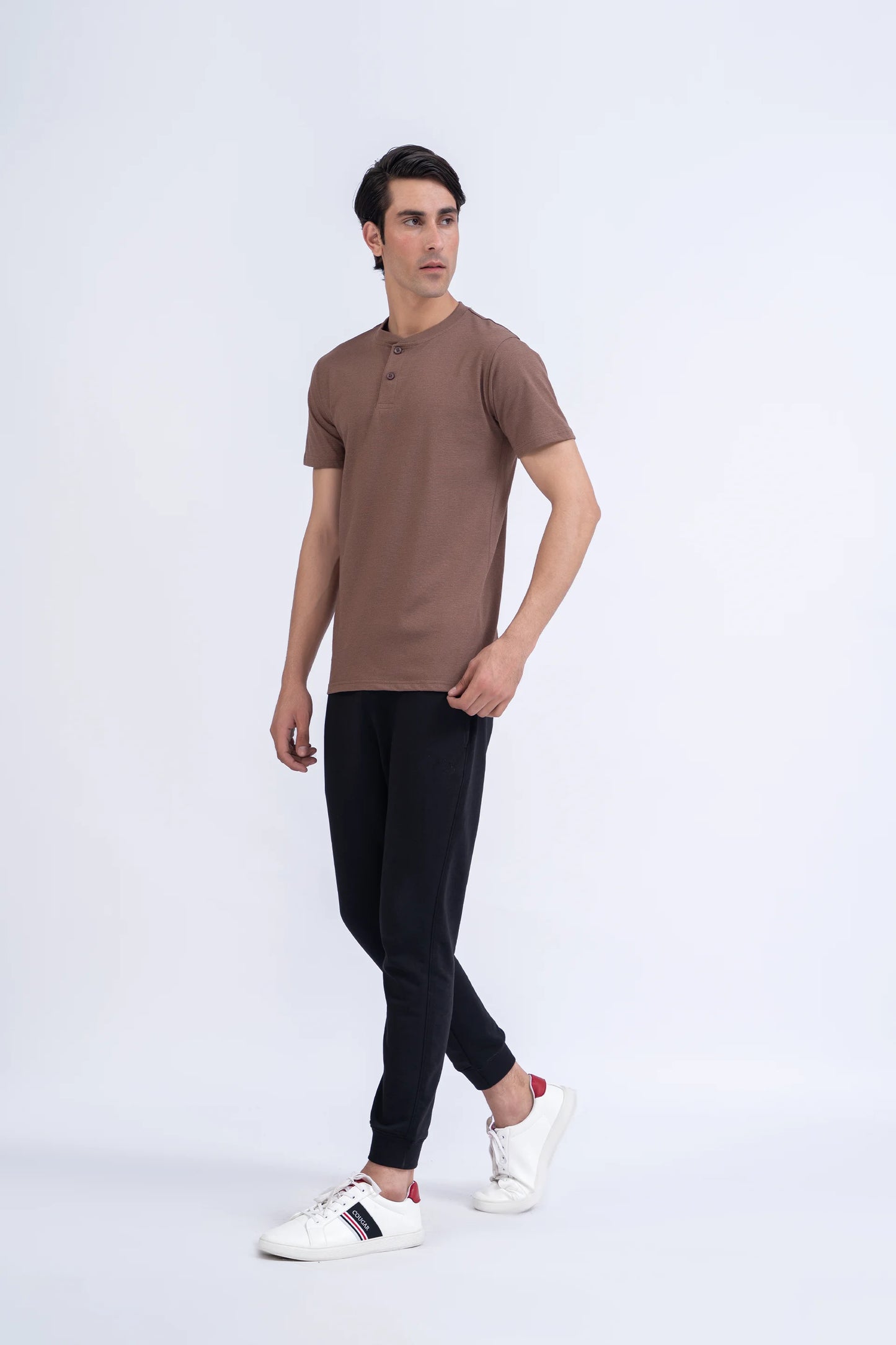 Brown Henley T-Shirt Men Tee Summer V-1 2024 AURA COUGAR   