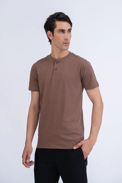 Brown Henley T-Shirt Men Tee Summer V-1 2024 AURA COUGAR   