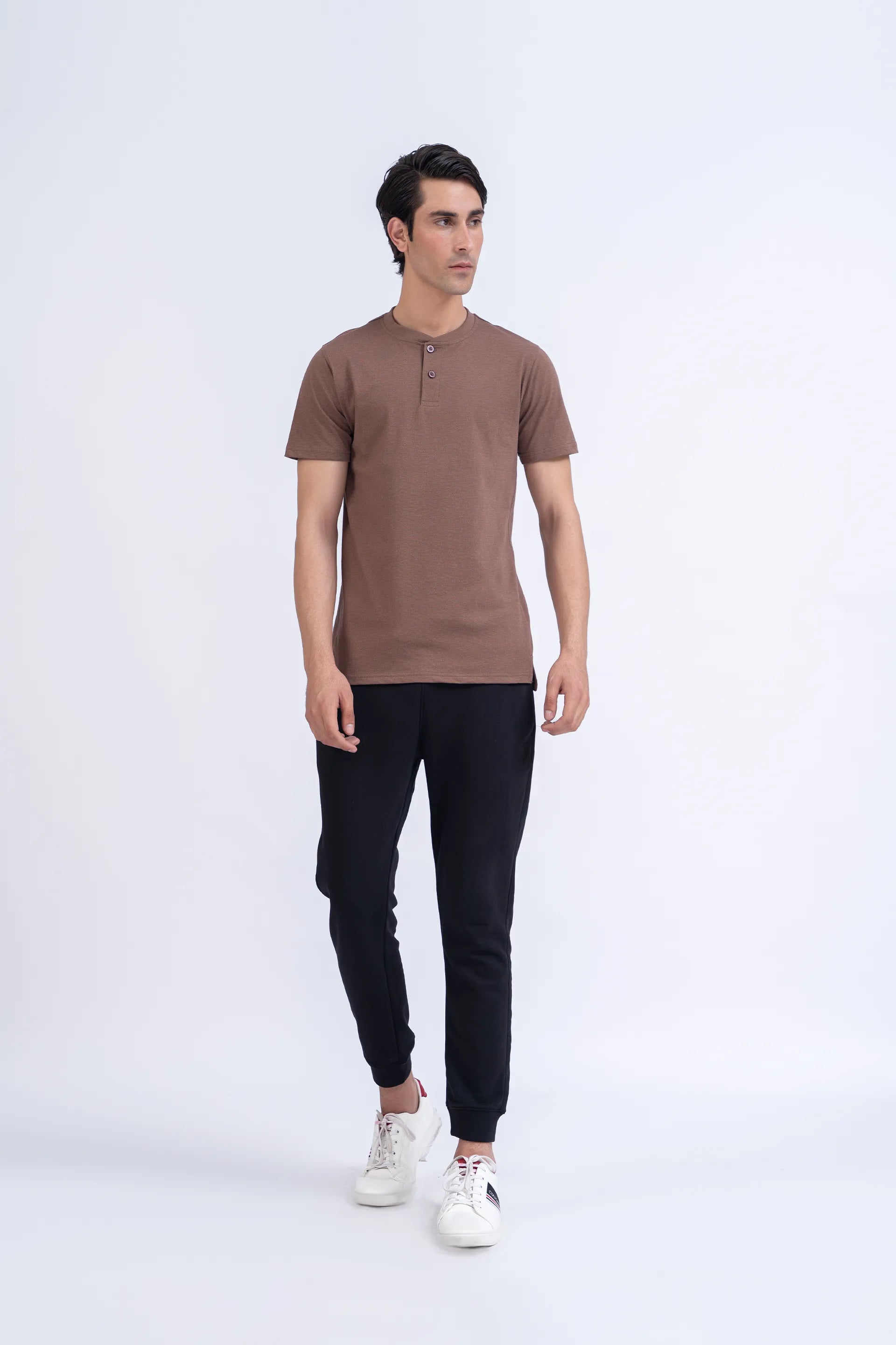 Brown Henley T-Shirt Men Tee Summer V-1 2024 AURA COUGAR