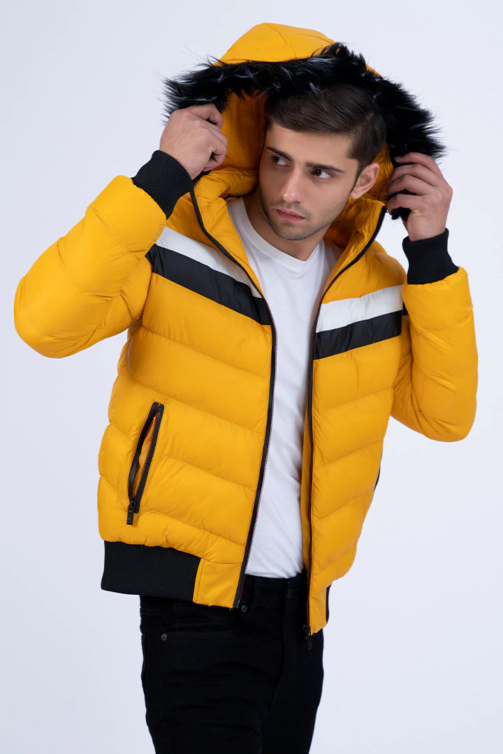 Mustard Faux Fur Hooded Puffer Jacket