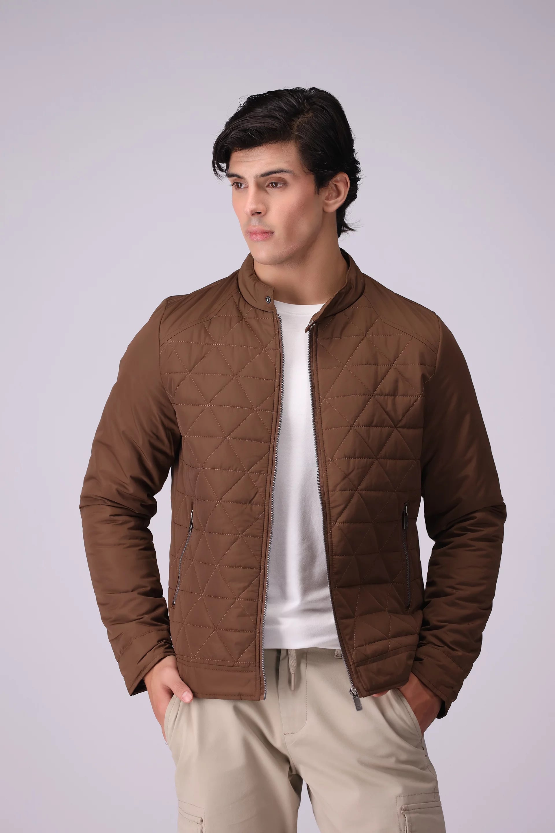 Mens quilted jacket with knitted sleeves hotsell