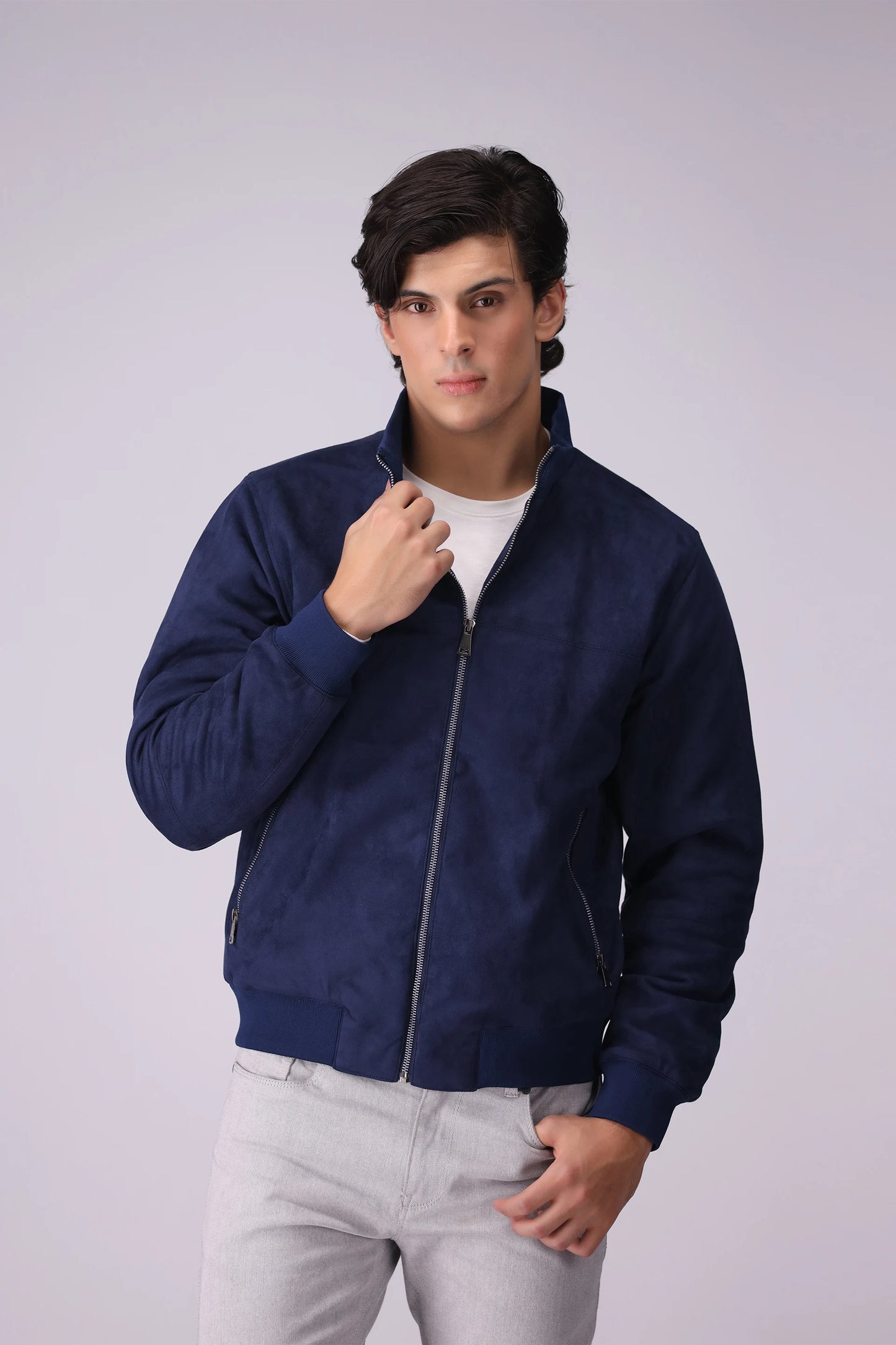 Suede Jacket With Zipper Pockets Men Jacket Winter 2024 Knit Story COUGAR- (Men Winter 2024) M Blue 