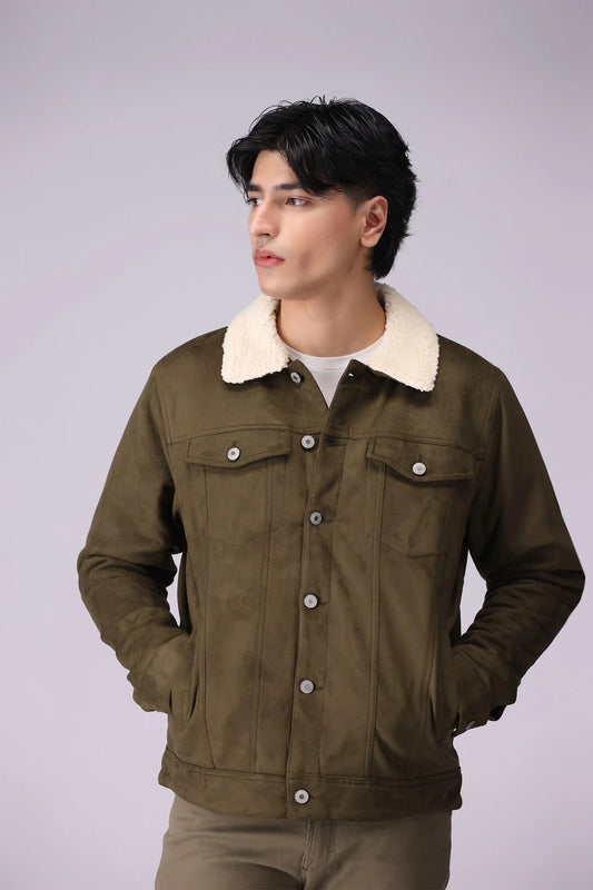 Suede Shearling Button Down Jacket Men Jacket Winter 2024 Knit Story COUGAR- (Men Winter 2024) M Olive 