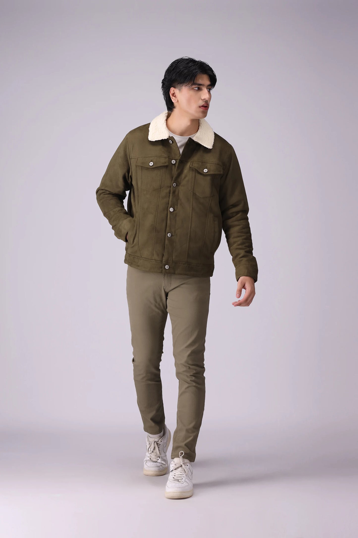 Suede Shearling Button Down Jacket Men Jacket Winter 2024 Knit Story COUGAR- (Men Winter 2024)   