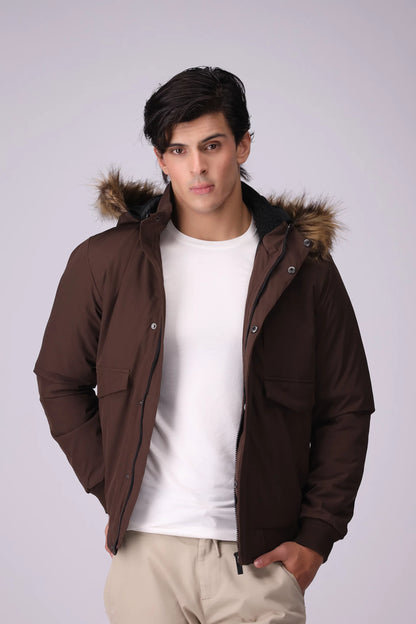 Faux Fur Hooded Jacket With Flap Pockets Men Jacket Winter 2024 Knit Story COUGAR- (Men Winter 2024) M Brown Men