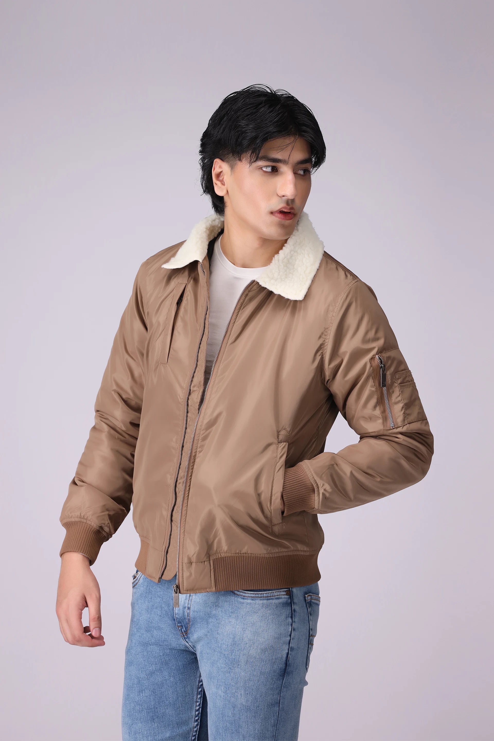 Sherpa Collar Parachute Jacket Men Jacket Winter 2024 Knit Story COUGAR- (Men Winter 2024) M Beige 