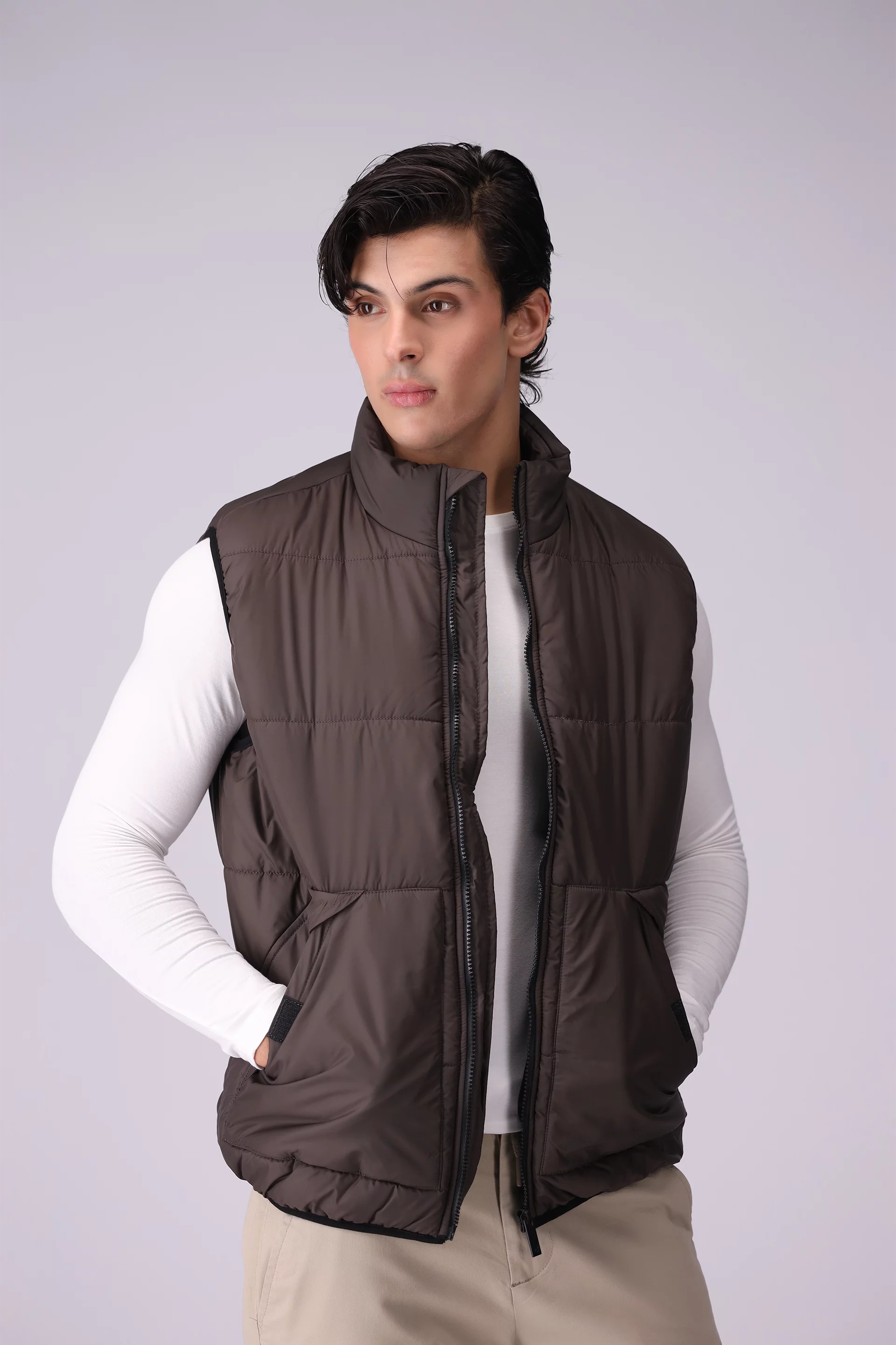 Puffer Gilet With Piping Men Jacket Winter 2024 Knit Story COUGAR- (Men Winter 2024) M Brown Men