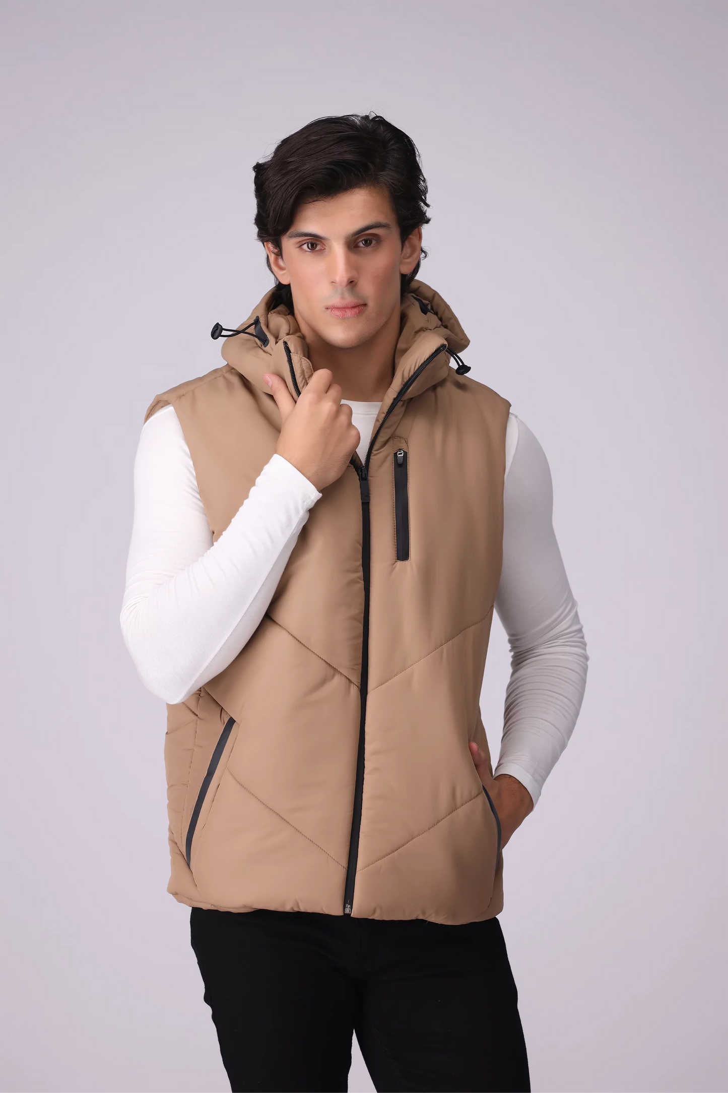 Hooded Gilet With Contrast Zippers Men Jacket Winter 2024 Knit Story COUGAR- (Men Winter 2024) M Beige 