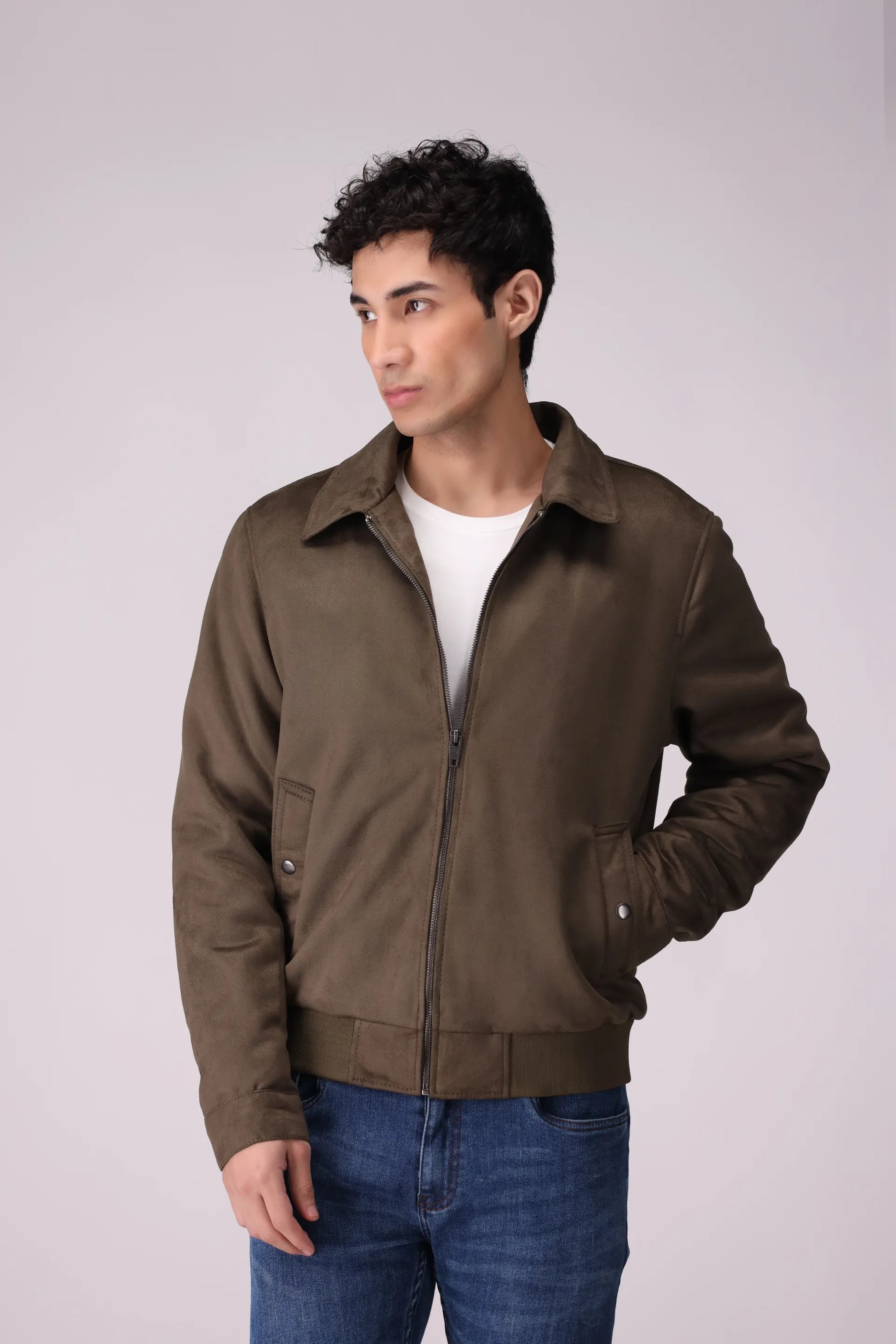 Faux Suede Collared Jacket Men Jacket Winter 2024 Knit Story COUGAR- (Men Winter 2024) M Olive Men