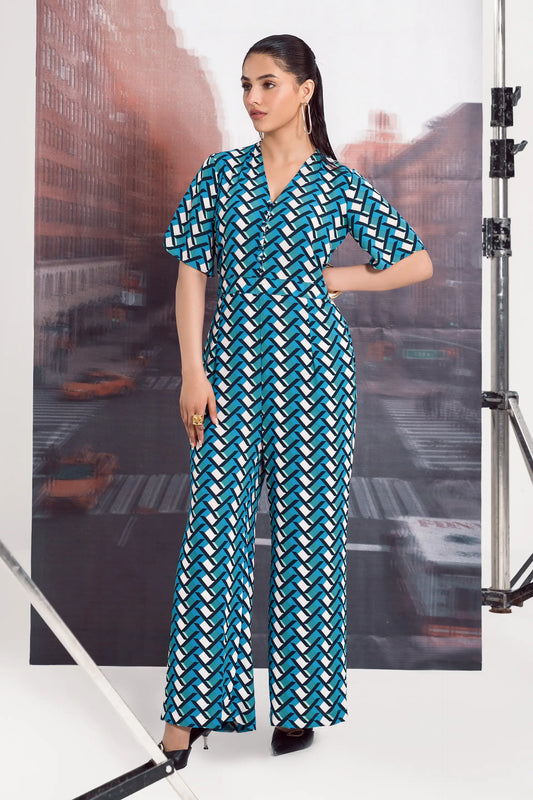 Blue Printed Jumpsuit Women Jump Suit Summer V-3 2024 BACKDROP COUGAR- (Women V3 2024)   