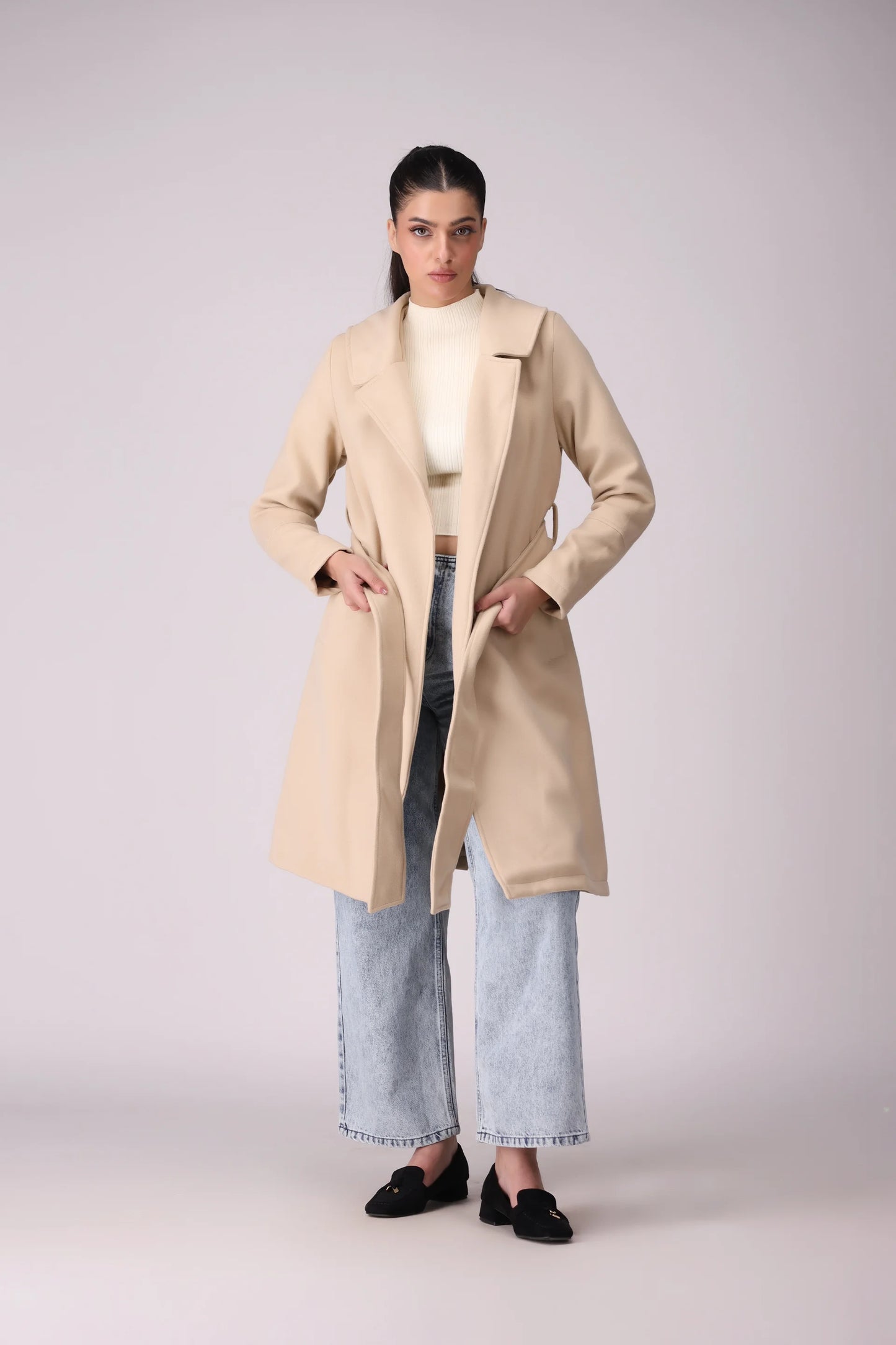 Belted Wrap Coat Women Coat Winter 2024 Knit Story COUGAR- (Women Winter 2024) S Beige Women