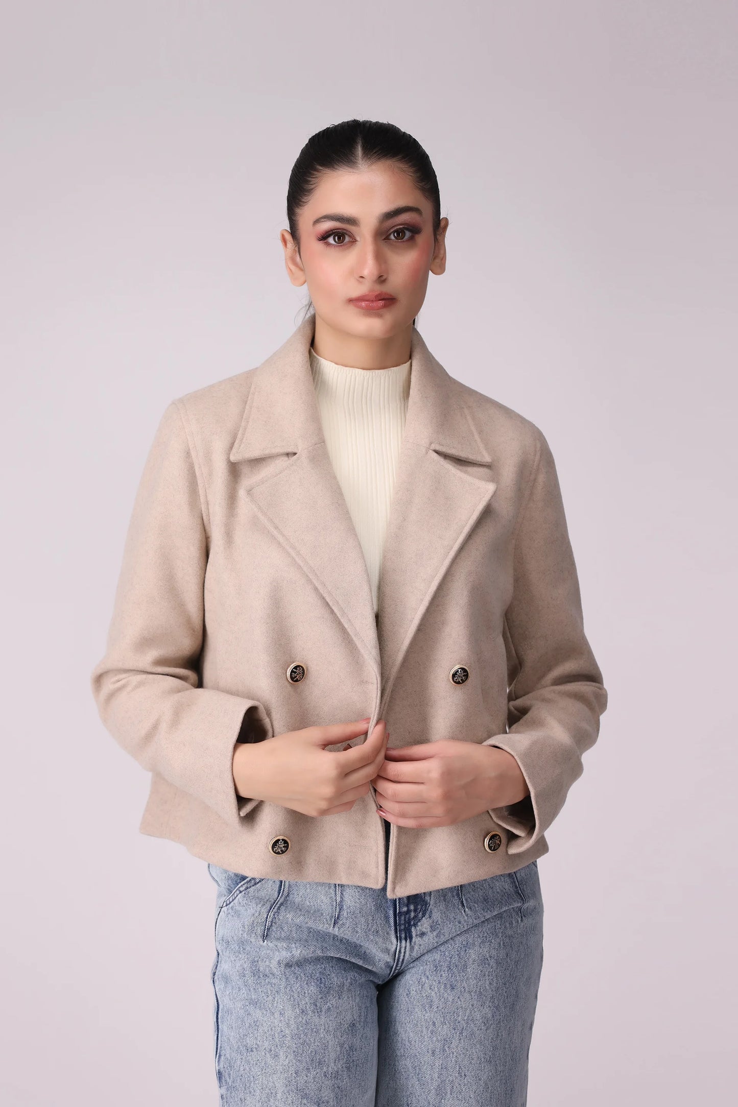 Cropped Double Breasted Coat Women Coat Winter 2024 Knit Story COUGAR- (Women Winter 2024)