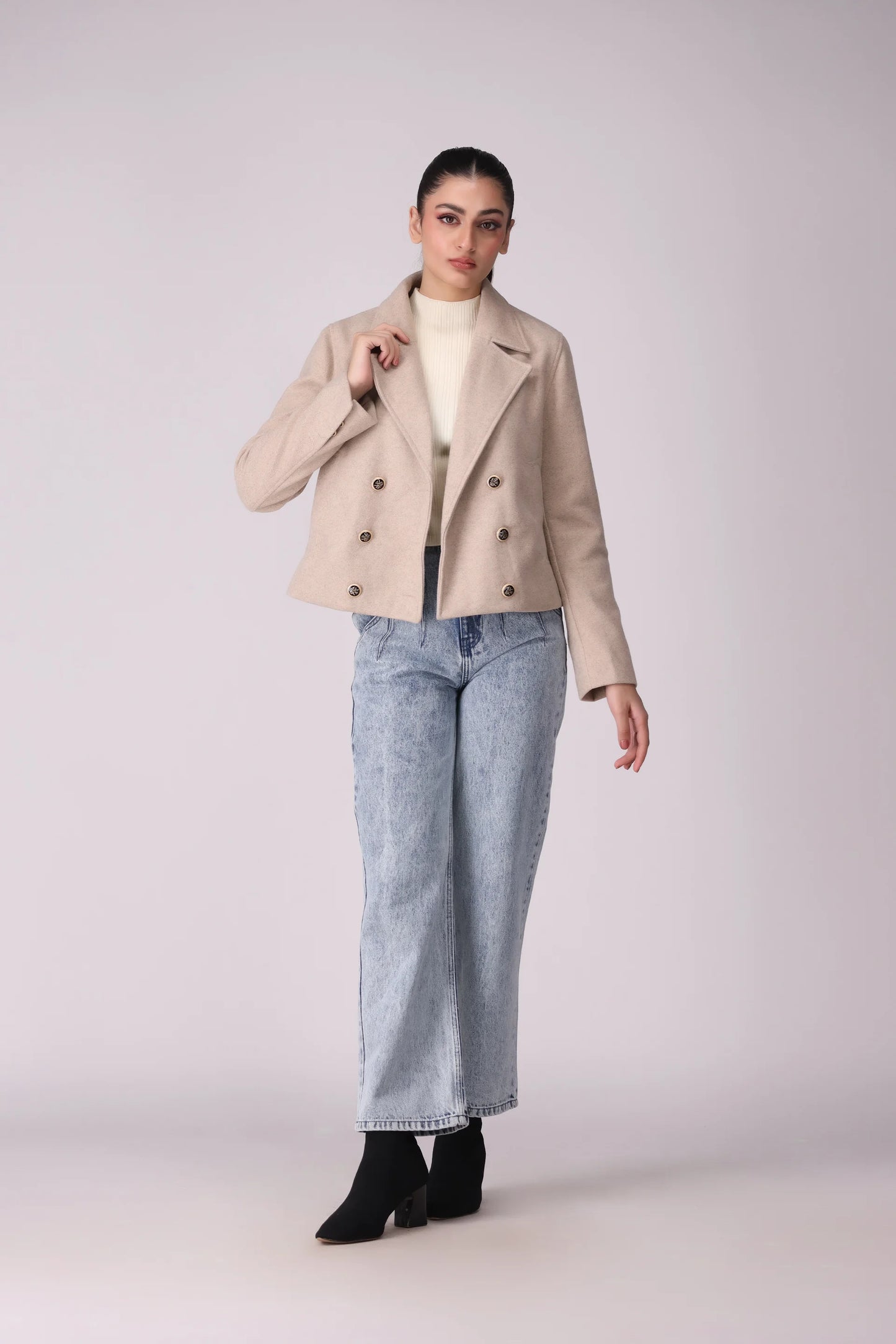 Cropped Double Breasted Coat Women Coat Winter 2024 Knit Story COUGAR- (Women Winter 2024) S Beige Women