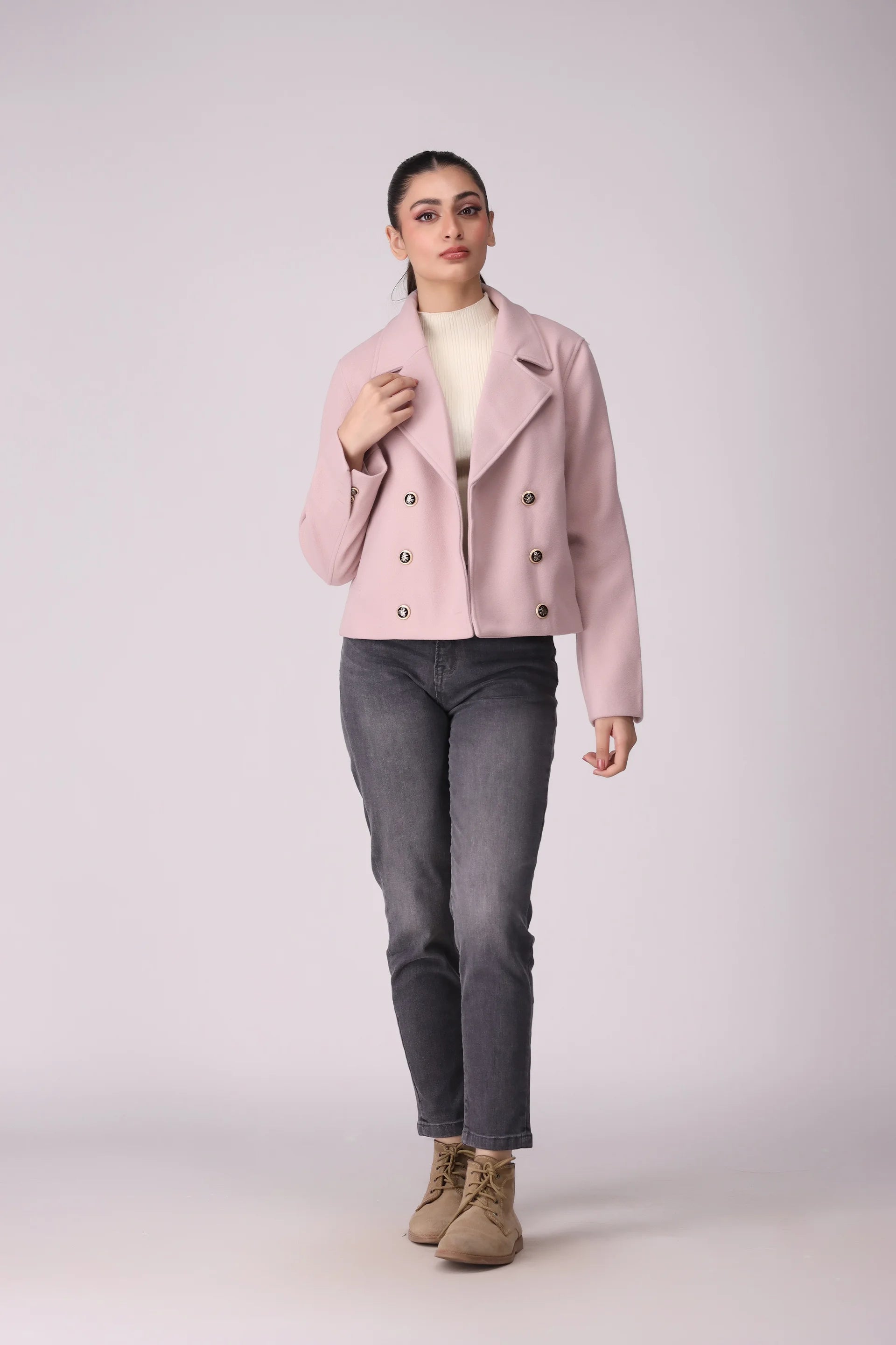 Cropped Double Breasted Coat Women Coat Winter 2024 Knit Story COUGAR- (Women Winter 2024) S T-Pink Women