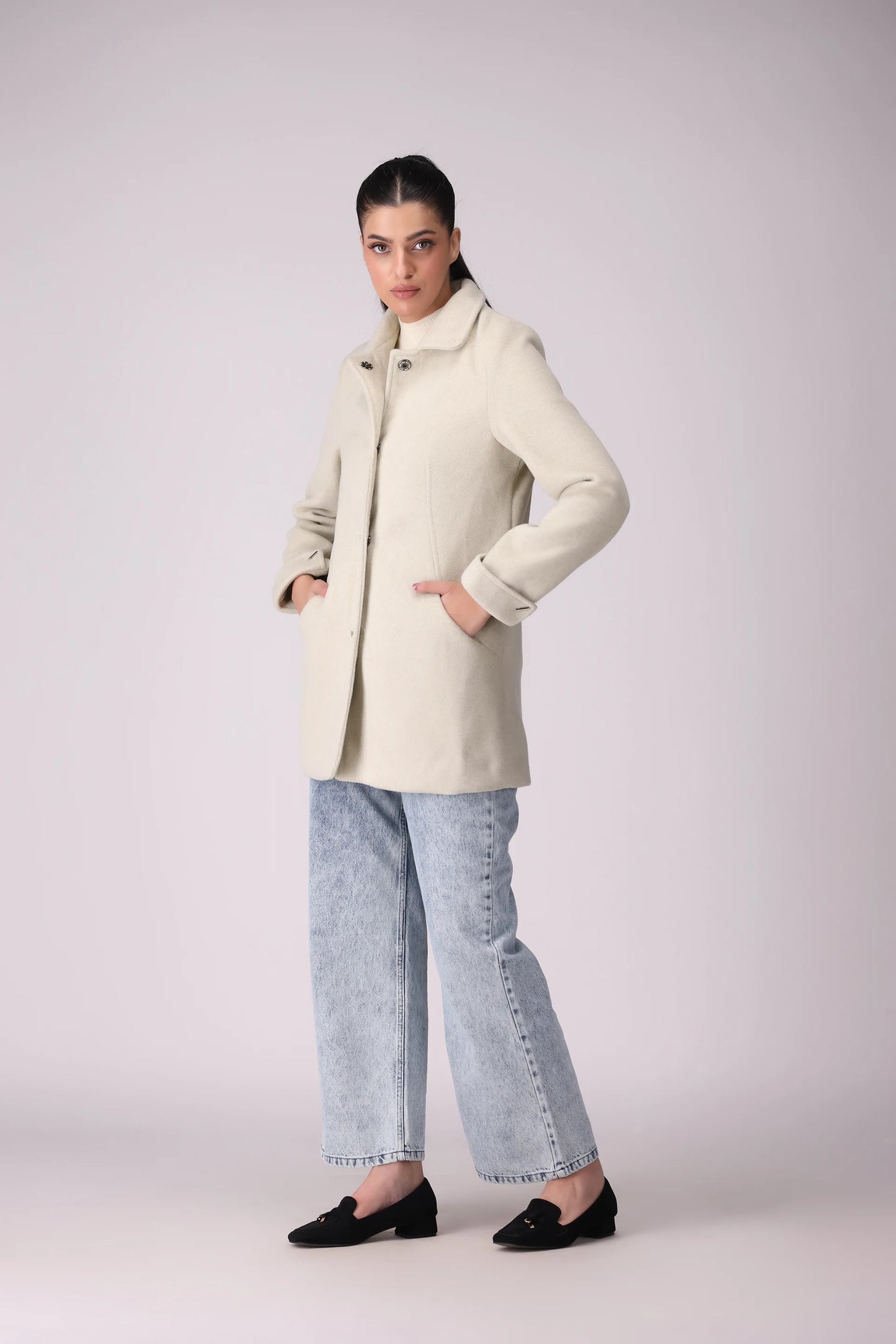 Twill Coat With Shirt Collar Women Coat Winter 2024 Knit Story COUGAR- (Women Winter 2024)