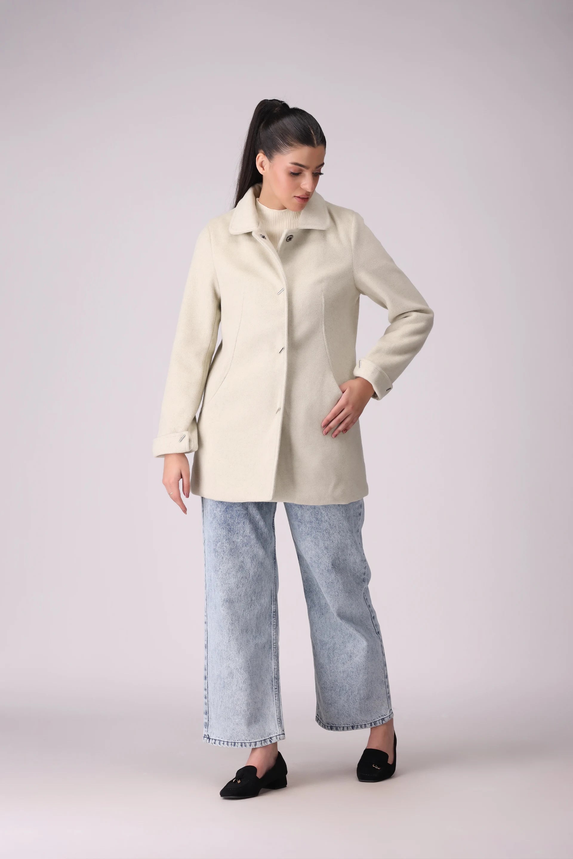 Twill Coat With Shirt Collar Women Coat Winter 2024 Knit Story COUGAR- (Women Winter 2024)