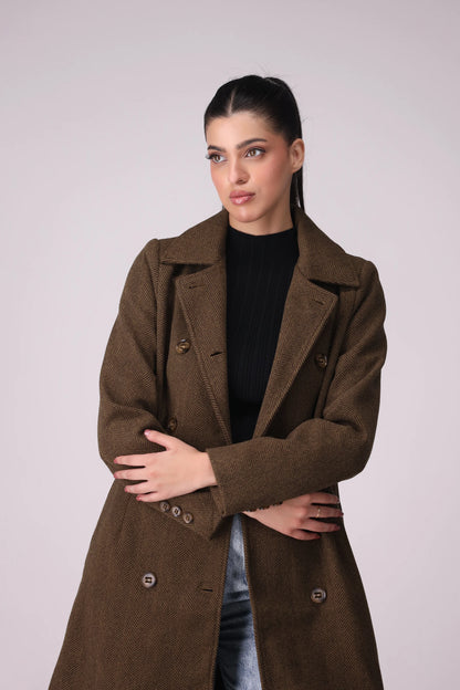 Patterned Lapel Collar Coat Women Coat Winter 2024 Knit Story COUGAR- (Women Winter 2024)