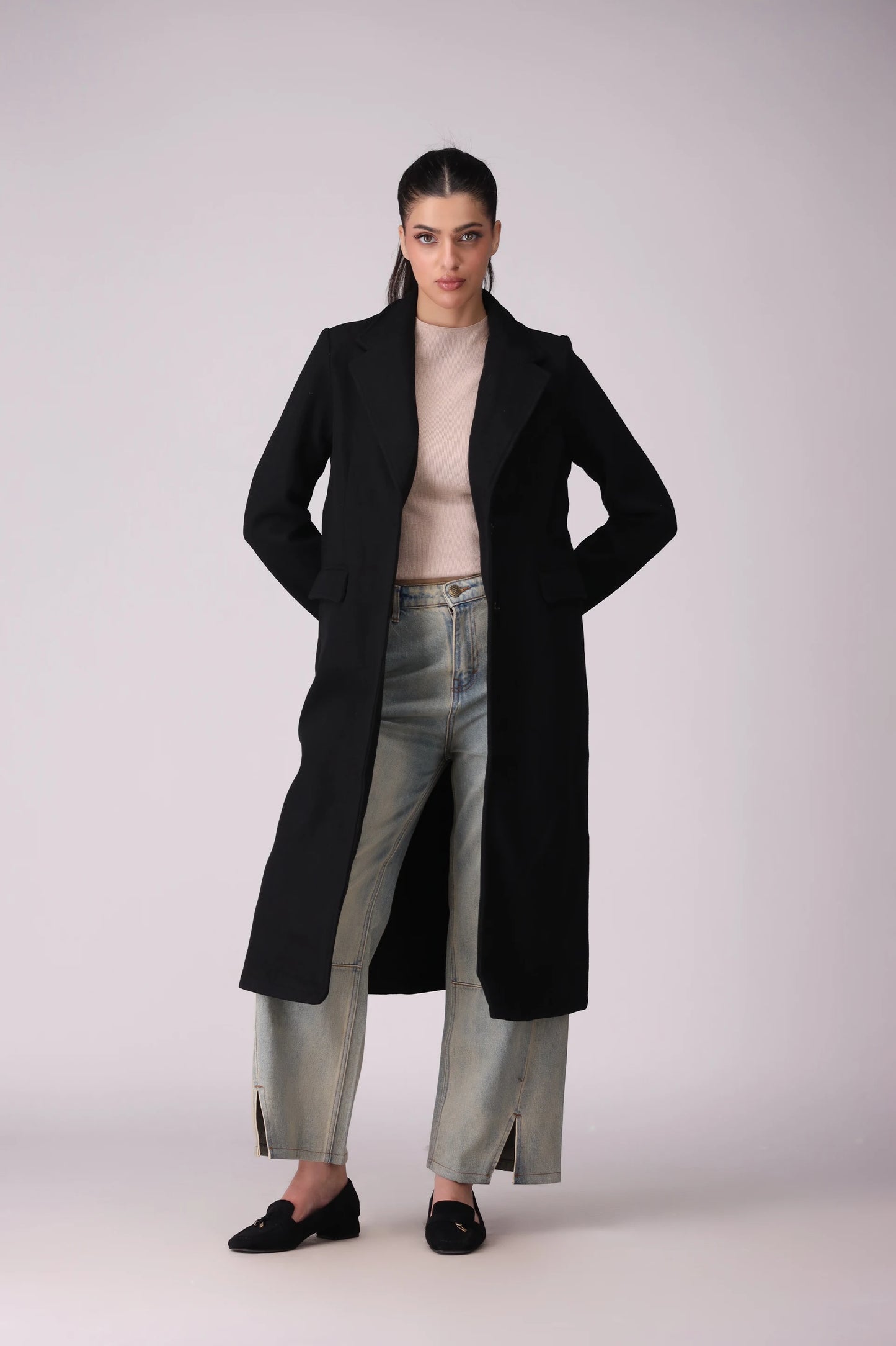 Long Coat With Flap Pockets Women Coat Winter 2024 Knit Story COUGAR- (Women Winter 2024)